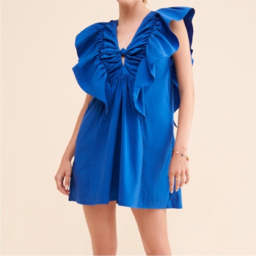Anthropologie  Blue Tassel dress Ruffle Mini Dress Size XS fits S